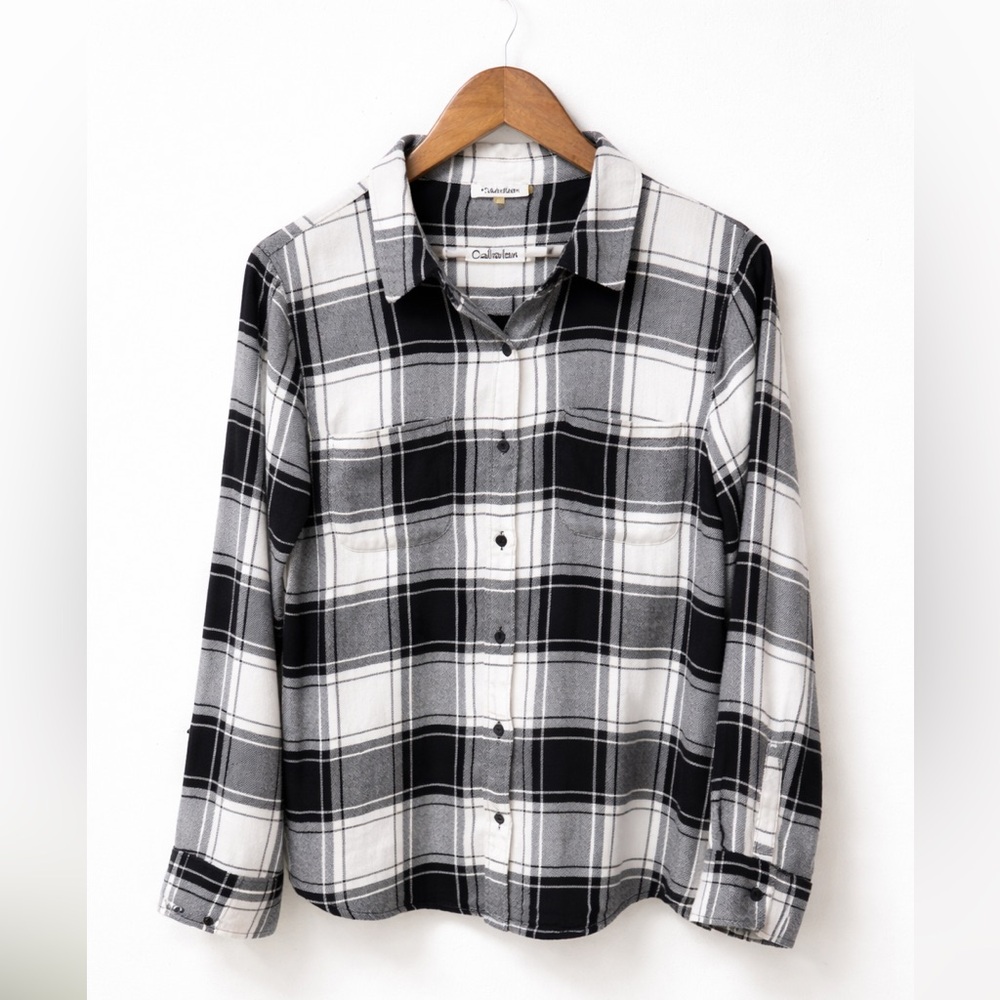 Calvin Klein Plaid Button Down Shirt Black White Long Sleeve Women’s M